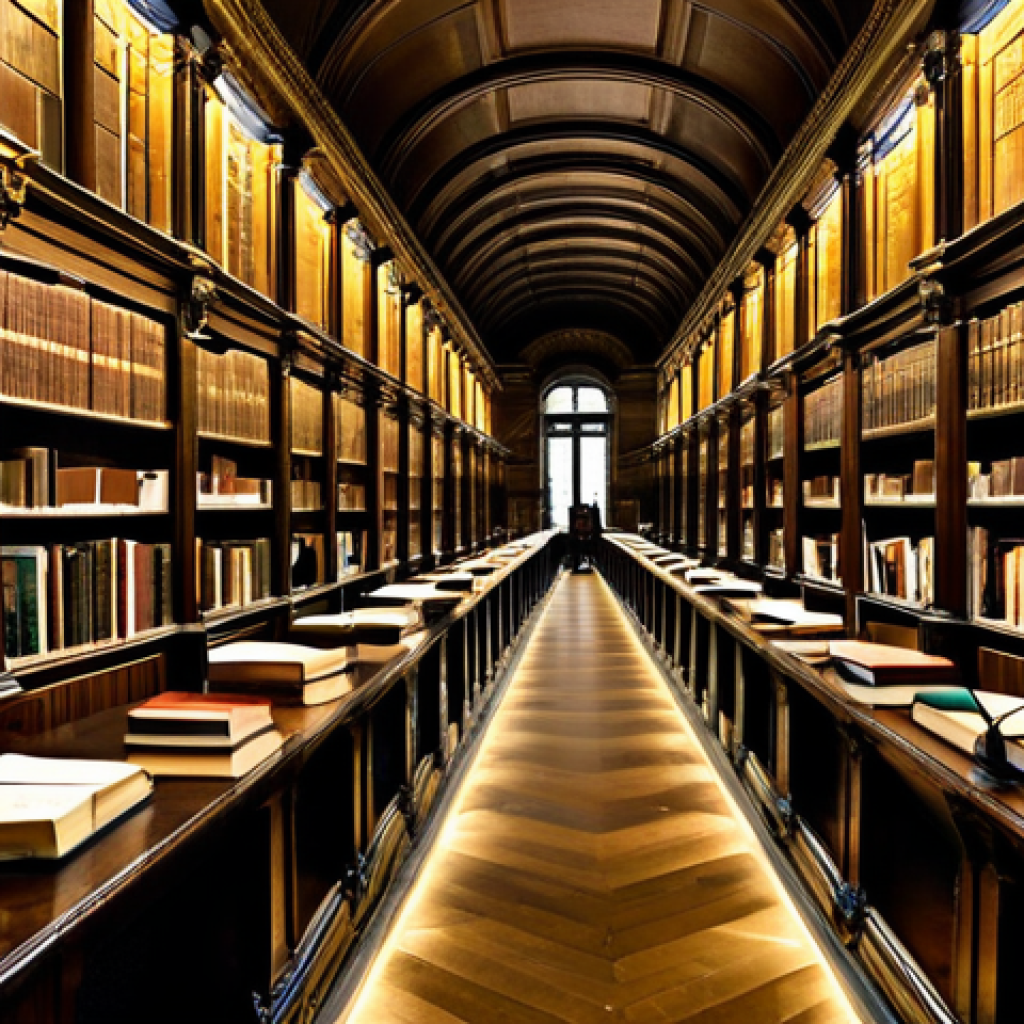 **
A grand, vintage library interior in Paris, featuring a complex network of pneumatic tubes running along the walls and ceiling. Focus on the warm, diffused light illuminating rows of aged books and reading desks. Include subtle details like handwritten notes peeking from antique books and the architectural details of the library. Safe for work, appropriate content, fully clothed patrons reading. Professional photography, perfect anatomy, natural proportions, family-friendly.
**
