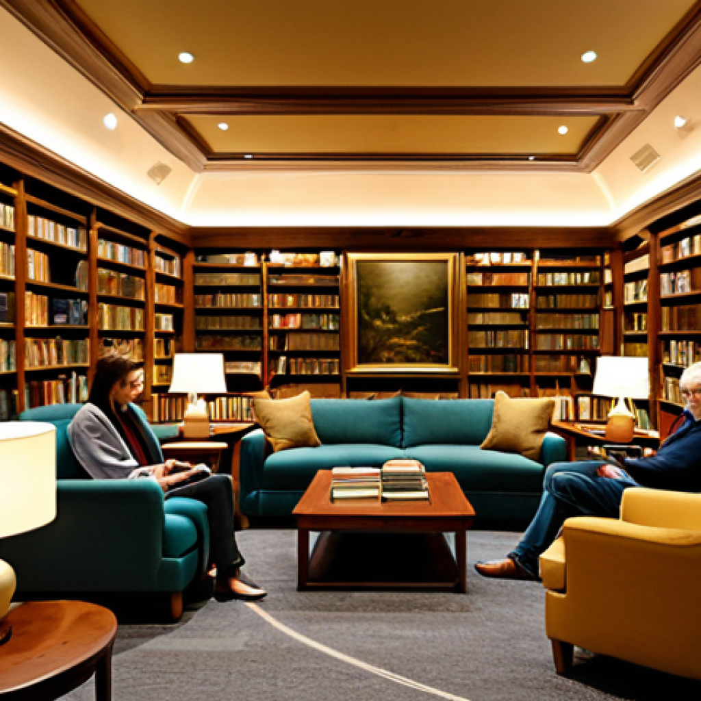 **Cozy Night Library Interior:** "A warm and inviting interior view of a night library, soft golden lighting, comfortable seating with plush sofas and armchairs, bookshelves filled with diverse books, creating a sense of calm and relaxation, fully clothed patrons reading, safe for work, appropriate content, perfect anatomy, natural proportions, professional, high quality."