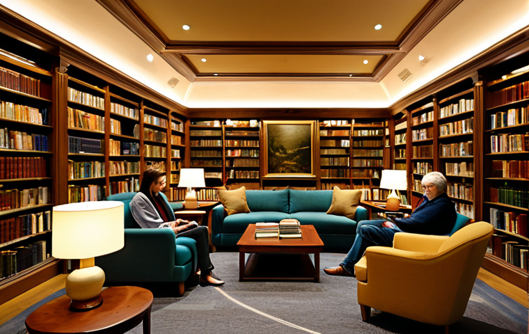 **Cozy Night Library Interior:** "A warm and inviting interior view of a night library, soft golden lighting, comfortable seating with plush sofas and armchairs, bookshelves filled with diverse books, creating a sense of calm and relaxation, fully clothed patrons reading, safe for work, appropriate content, perfect anatomy, natural proportions, professional, high quality."
