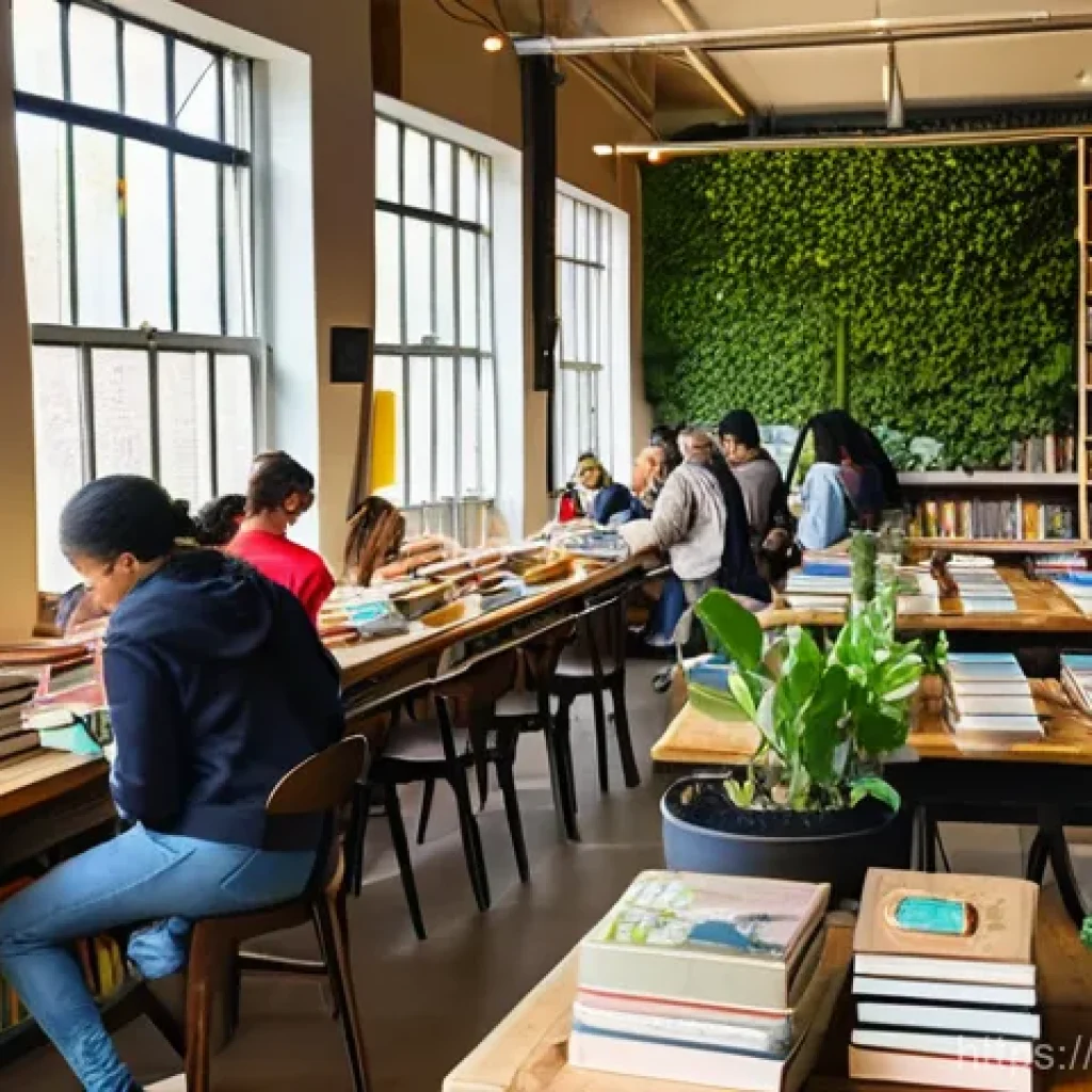 제로웨이스트 도서관 운영 - A bright, inviting scene inside a bustling 'zero-waste' library. Diverse people of all ages, casuall...