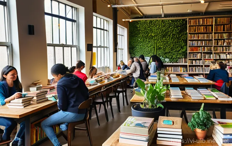 제로웨이스트 도서관 운영 - A bright, inviting scene inside a bustling 'zero-waste' library. Diverse people of all ages, casuall...