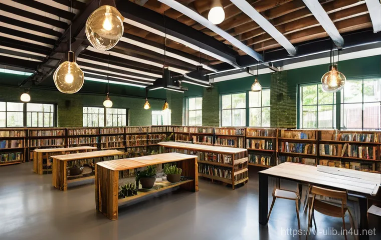 제로웨이스트 도서관 운영 - A bright, inviting scene inside a bustling 'zero-waste' library. Diverse people of all ages, casuall...