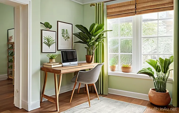 자유열람실 디자인 가이드 - **Prompt: Serene Natural Light and Greenery Study Nook**
"A bright and airy study space designed...