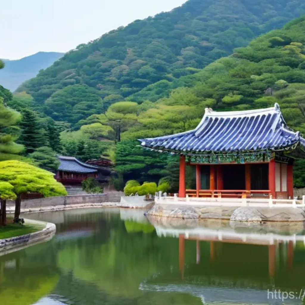 한국 전통 도서관 건축 사례 - **Prompt:** A serene and harmonious traditional Korean Seowon (Confucian academy) nestled gently int...