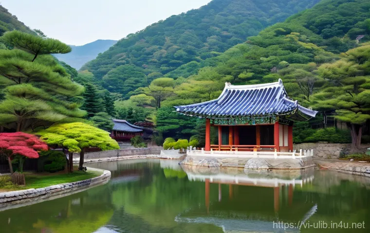 한국 전통 도서관 건축 사례 - **Prompt:** A serene and harmonious traditional Korean Seowon (Confucian academy) nestled gently int...