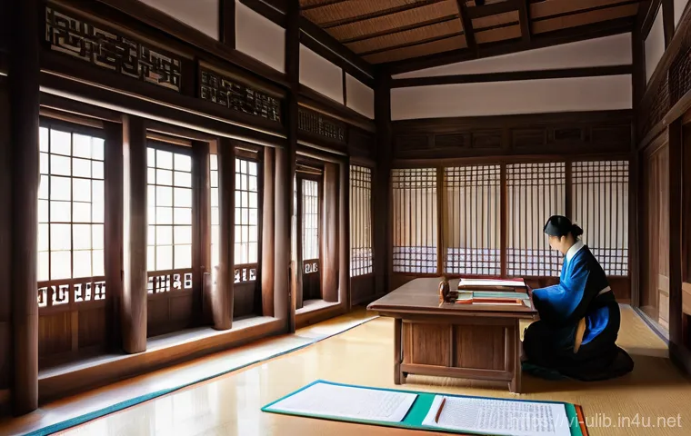 한국 전통 도서관 건축 사례 - **Prompt:** A serene and harmonious traditional Korean Seowon (Confucian academy) nestled gently int...