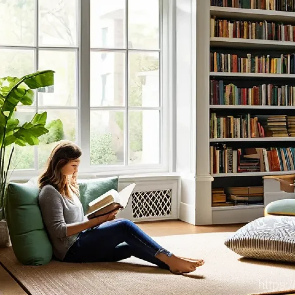 반려동물 동반 도서관 - **Prompt: A serene and cozy pet-friendly library interior.**
A bright, inviting library with war...