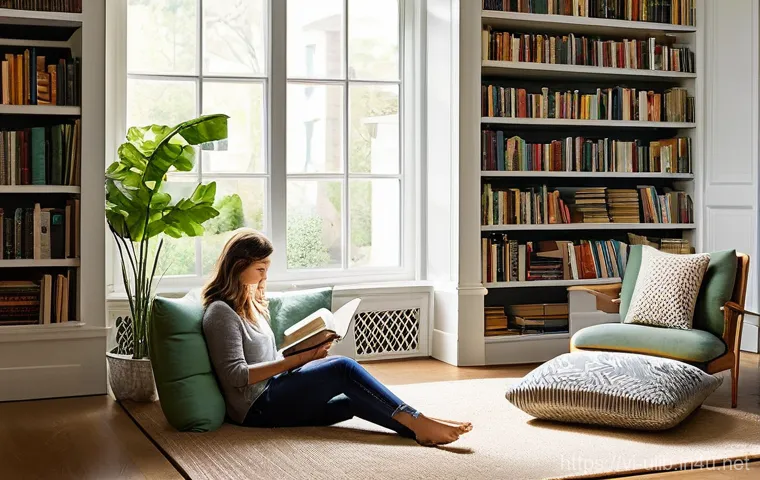 반려동물 동반 도서관 - **Prompt: A serene and cozy pet-friendly library interior.**
A bright, inviting library with war...