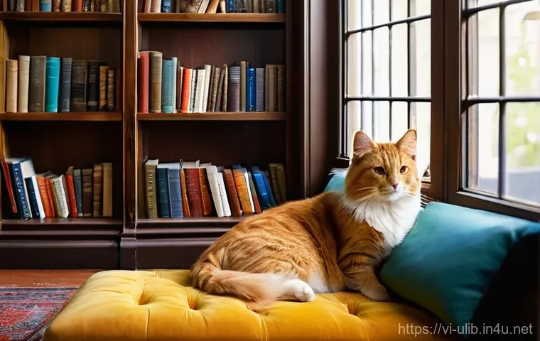 반려동물 동반 도서관 - **Prompt: A serene and cozy pet-friendly library interior.**
    A bright, inviting library with war...