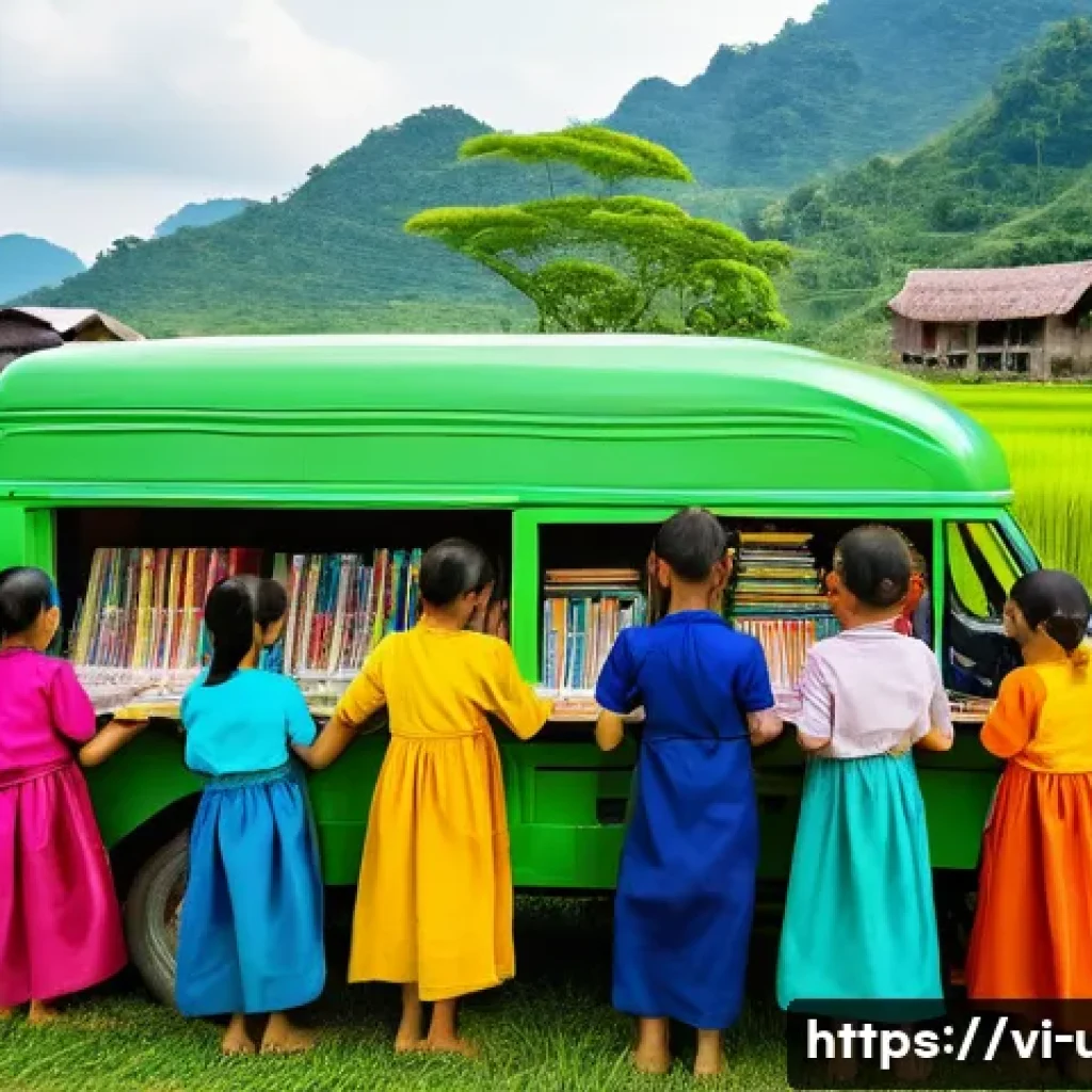 이동식 도서관 운영법 - **"Rural Vietnamese Mobile Library Arrives with Joy"**
A vibrant, heartwarming scene in a remote...