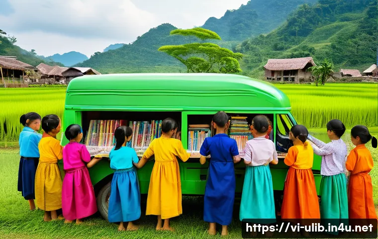 이동식 도서관 운영법 - **"Rural Vietnamese Mobile Library Arrives with Joy"**
A vibrant, heartwarming scene in a remote...