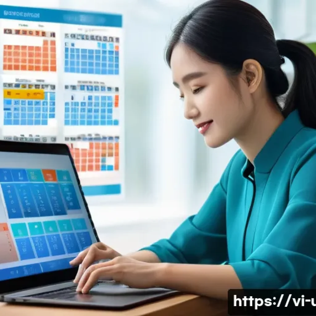 AI 사서 서비스 적용 - A modern Vietnamese office scene showing a young professional using an AI-powered digital assistant ...