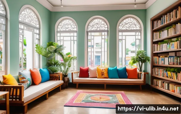 독립 출판 도서관 운영법 - A cozy independent library interior in a bustling Vietnamese city, featuring warm natural lighting s...