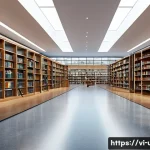 Home 22 장애인 친화 도서관 설계 - A spacious modern library interior designed for accessibility, featuring wide aisles over