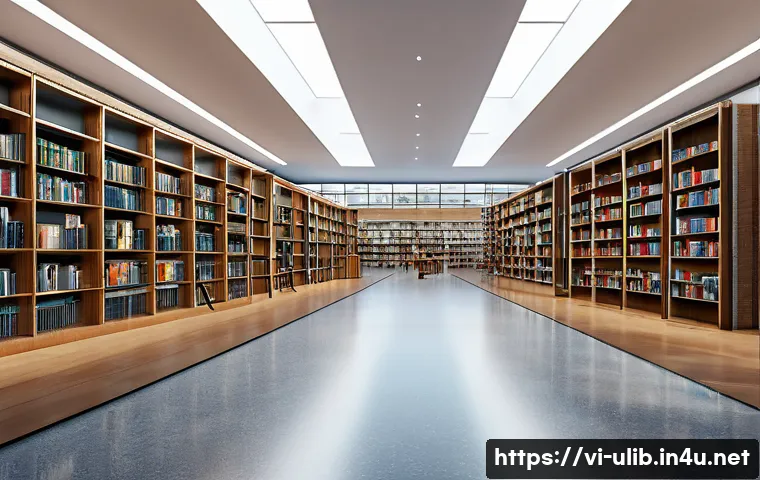 장애인 친화 도서관 설계 - A spacious modern library interior designed for accessibility, featuring wide aisles over