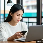 Home 20 자동 대출 반납 시스템 - A modern Vietnamese woman using a smartphone app to apply for an automatic loan, sitting in a cozy u...