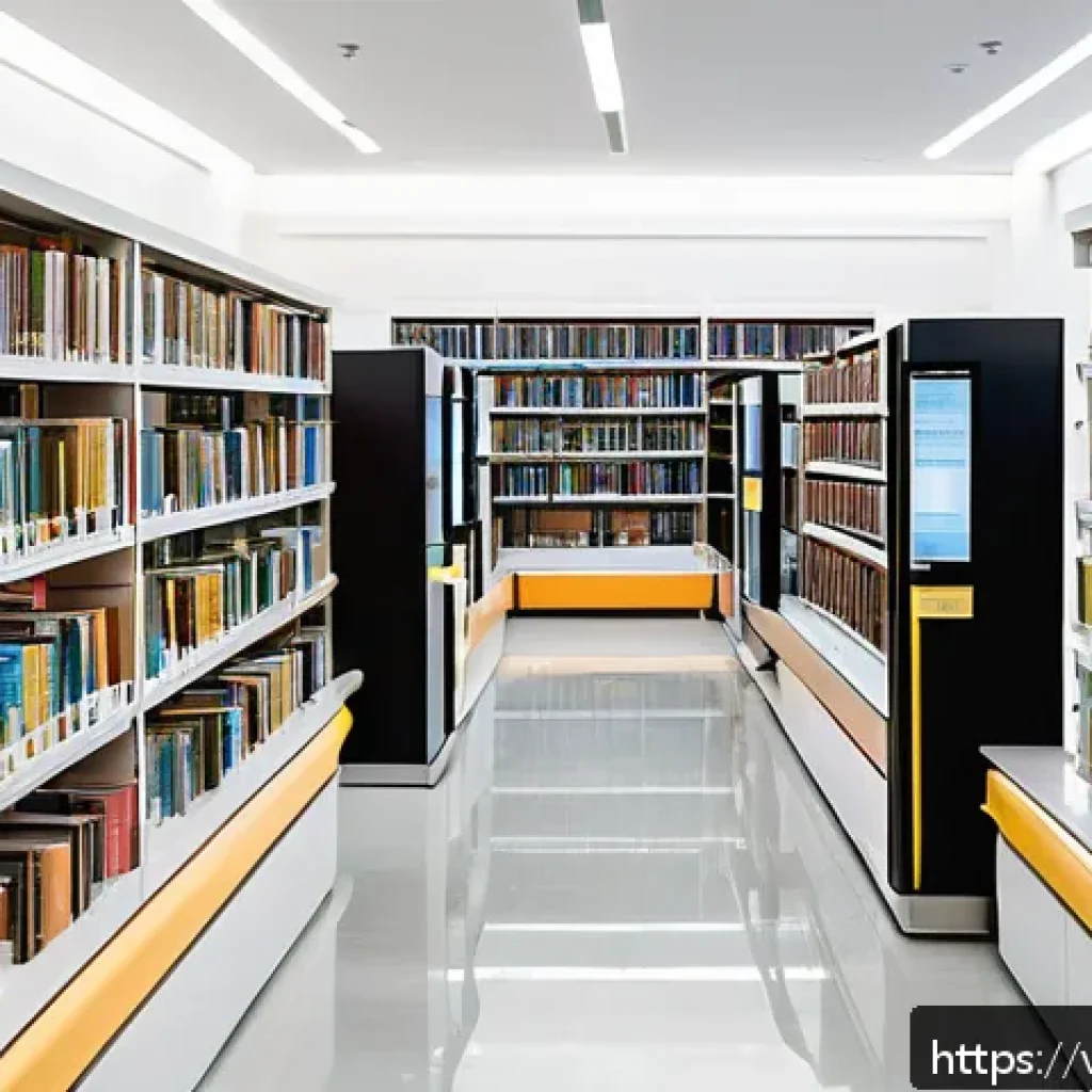 미래 도서관 혁신 기술 - A modern Vietnamese public library interior featuring automated document management systems: staff u...