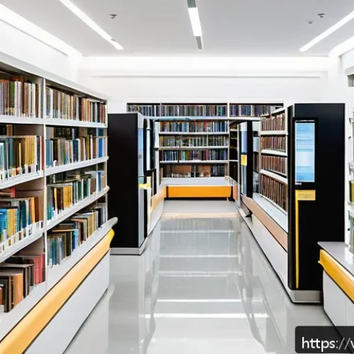 Home 17 미래 도서관 혁신 기술 - A modern Vietnamese public library interior featuring automated document management systems: staff u...
