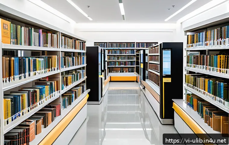 미래 도서관 혁신 기술 - A modern Vietnamese public library interior featuring automated document management systems: staff u...