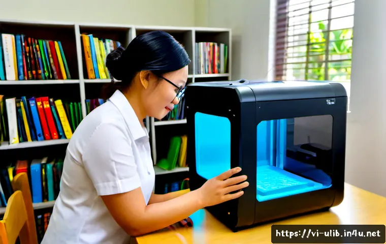 3D 프린터 보유 도서관 - Photorealistic modern public library makerspace in Vietnam, a clear desktop 3D printer actively crea...