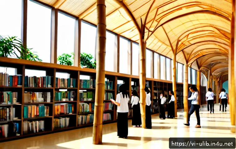 Home 17 미래형 스마트 도서관 - Photorealistic future smart library in Vietnam, spacious sunlit reading hall with Vietnamese univers...